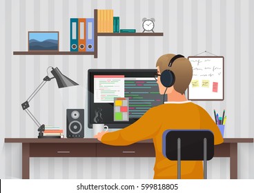 Back View Of Young Man Wearing Headphones Sitting At Thew Desk Vector Illustration. Teenager Using PC In The Own Room.