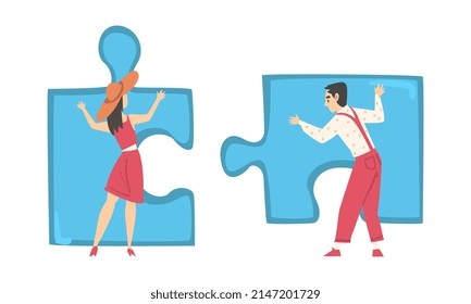 Back View of Young Man and Woman Solving Jigsaw Puzzle Vector Set