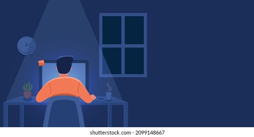 Vista posterior del joven que trabaja en una computadora en casa por la noche. Vector