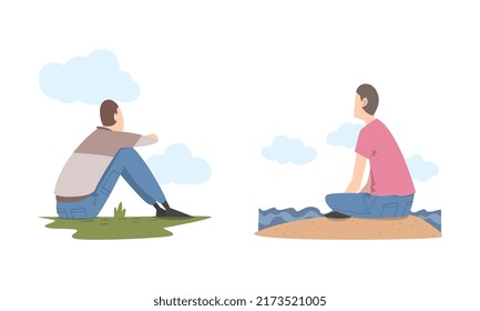 Back view of young men sitting on beach and lawn enjoying of natural landscape cartoon vector illustration