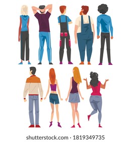 Back View of Young People Set, Guys and Girls Viewed from Behind Wearing Casual Clothes and Looking at Something Cartoon Style Vector Illustration