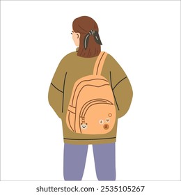 Back view of young woman with backpack. Vector illustration in flat style