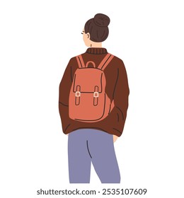 Vista de trás da jovem mulher com mochila. Ilustração vetorial em estilo plano