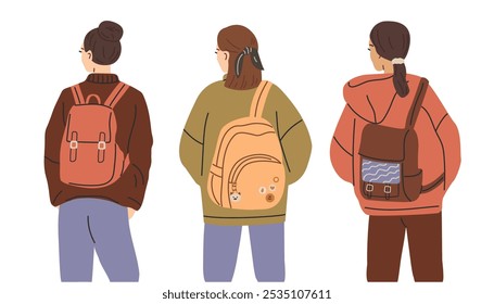 Vista de trás da jovem mulher com mochila. Ilustração vetorial em estilo plano