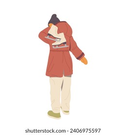 Back view of young woman cartoon character wearing warm clothes holding pair of ice racing skates