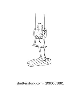 back view of young woman with dress on a swing illustration vector isolated on white background line art.