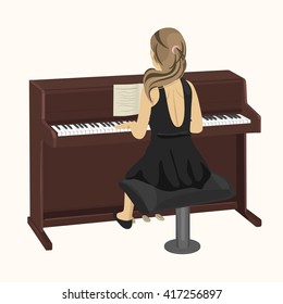 back view of young woman playing brown upright piano