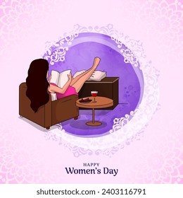 Back View of Young Woman Reading Couch with Near Snack and Drink on Table for Happy Women's Day Concept.