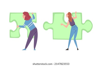 Back View of Young Woman Solving Jigsaw Puzzle Vector Set