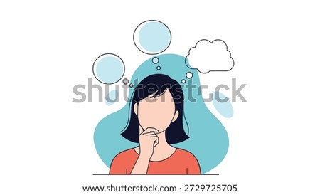 Back view of a young woman thinking with multiple blank thought bubbles for creative ideas, plans, or messages.