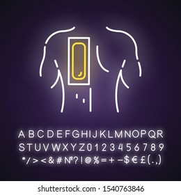 Back waxing neon light icon. Male hair removal procedure. Depilation with natural soft, cold wax strip. Glowing sign with alphabet, numbers and symbols. Vector isolated illustration