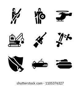 back, weapon, bathyscaphe and rescue icons in War vector set. Graphics for web and design