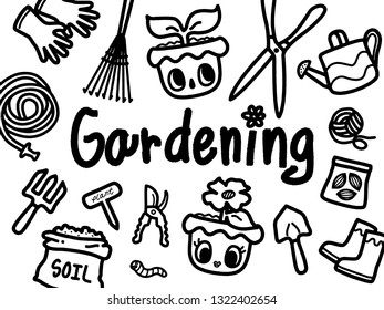 Back and white cute vector gardening tools doodle cartoon illustration style