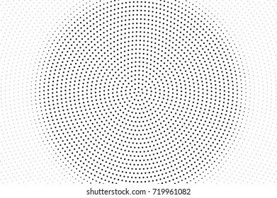 Back and white dotted halftone vector background. Abstract halftone pattern. Black dots centered ornament. Monochrome dotted print. Vintage halftone gradient. Pop art dotted texture. Dotted overlay