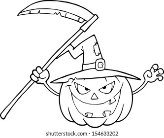 Back And White Scaring Halloween Pumpkin With A Witch Hat And Scythe 