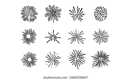 Schwarz-Weiß-Set von Feuerwerk-Ikone. Dekoration Design Jubiläum und Feier abstrakte Sternexplosion. Element-Ereignis und Funkenpartei. Knalllicht und Kritzeleien