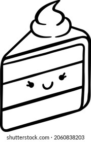 Back and white vector illustrtion of a cake with some cream on top. The cake has a preaty eyes and smile. This illustration can be used as an icon, illustration in the app or manu, on the postcards.