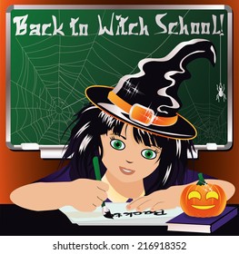 Back to Witch School. Cute little witch studying. vector illustration 