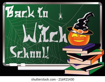 Back to Witch School. Greeting card, vector illustration