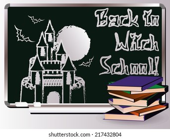 Back to Witch School. Invitation magic card, vector illustration