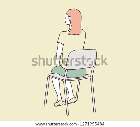 The back of a woman sitting in a chair. hand drawn style vector design illustrations.