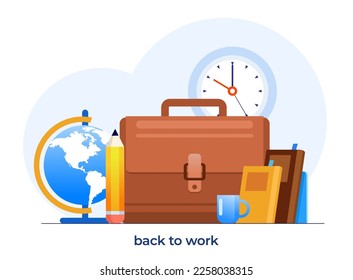 volver al trabajo concepto, bolso y libro, oficina, hombre de negocios, educación, plantilla de banner de diseño plano