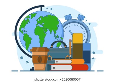 back to work concept, bag and books, office, businessman, education, back to work after break or leave. banner template, web, landing page. flat vector illustration on background.