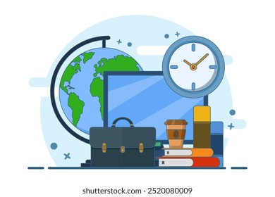 voltar ao trabalho conceito, bolsa e livros, escritório, empresário, educação, voltar ao trabalho após pausa ou sair. modelo de banner, web, página inicial. ilustração vetor plana no fundo.