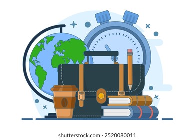 Concepto de vuelta al trabajo, bolso y libros, oficina, hombre de negocios, educación, de vuelta al trabajo después del descanso o la salida. Plantilla de Anuncio, Web, página de aterrizaje. Ilustración vectorial plana sobre fondo.