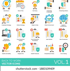 Back To Work Icons Including Safe Return, Normalcy, Protecting Employee, Visitor Strategy, Clean Environment, Hygienic, Virus Prevention Procedure, People Limit, Health Protocols, Temperature Check.