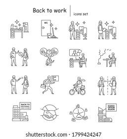 Back to work icons set Quarantine and lockdown end, office covid pandemic prevention linear pictograms. Concept of employee workplace health safety precautions. Editable stroke vector illustrations