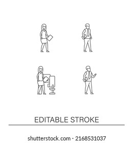 Back to work line icons set. Comfortable workplace for employees. Modern professions. Business concepts. Isolated vector illustrations. Editable stroke