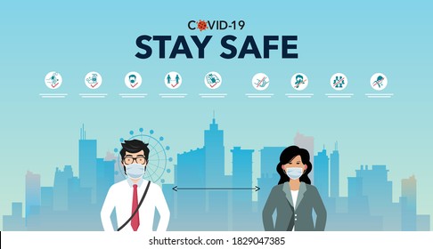 Back to work office, unlock concept. Employees vaccinated. wear a mask, City, Market, Workplace, Office, corporate, skyline, People stay safe and Corona COVID-19 Protection guideline