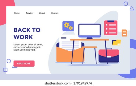 Back to work PC on desk campaign for web website home homepage landing page template banner with flat style.