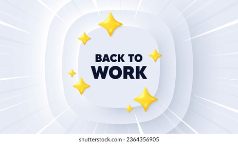 Volver al trabajo. Banner neumórfico con explosión de sol. Oferta de empleo. Lema del fin de las vacaciones. Mensaje de vuelta al trabajo. Cartel con estrellas 3d. Plantilla neumórfica circular. Vector