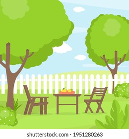 Back yard with grass, trees and shrubs. Table and chairs garden furniture on the background of the fence. A place for games, recreation and parties. Vector illustration.