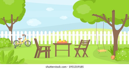 Back yard with grass, trees and shrubs. Children's swing, bicycle and ball, table and chairs garden furniture on the background of the fence. Place to play, relax and party. Vector illustration.