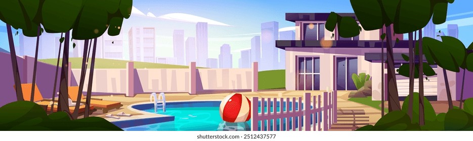 Back yard of modern luxury mansion with swimming pool, lounge chairs and inflatable ball, trees and fence in suburban neighborhood. Cartoon vector illustration of poolside area of country cottage.