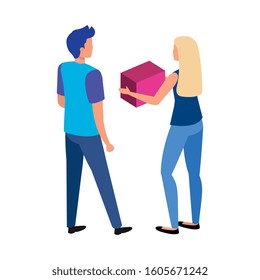 back young couple with cube isolated icon vector illustration design