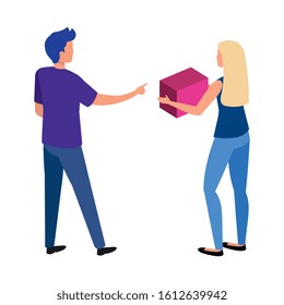 back young couple with cube isolated icon vector illustration design