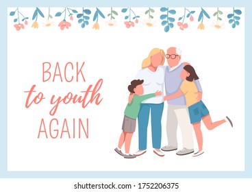 Back to youth again poster flat vector template. Grandchildren with grandparents. Brochure, booklet one page concept design with cartoon characters. Older generation care flyer, leaflet