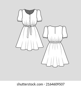 Back Zipper knotted tie up dress button panel waist gathering panel knot tie detail puff short sleeve  fashion t shirt top blouse Dresses Flat Sketch technical Drawing template design vector