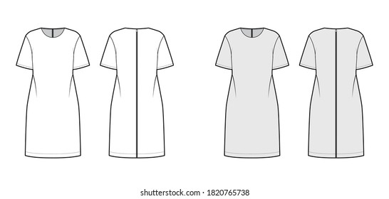 Ilustración técnica de moda de ropa de tamaño superior con cuello redondo, mangas codo, longitud inferior a la rodilla. Plantilla de túnica de ropa plana en la parte posterior, blanco, color gris. Hombres mujeres unisex maquillaje CAD