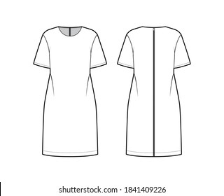 Back zip-up oversized dress technical fashion illustration with round neck, elbow sleeves, below-the-knee length. Flat apparel tunic template front, back, white color. Women, men, unisex CAD mockup