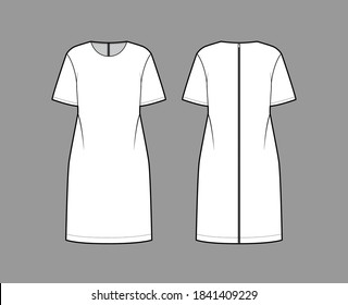 Ilustración técnica de moda de ropa de tamaño superior con cuello redondo, mangas codo, longitud inferior a la rodilla. Plantilla de túnica de ropa plana frontal, posterior, color blanco. Mujeres, hombres, maquillaje de CAD unisex
