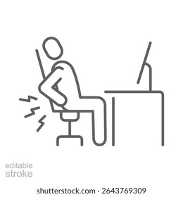 Backache desk work icon Editable stroke symbol depicting back strain during long computer usage in remote job settings