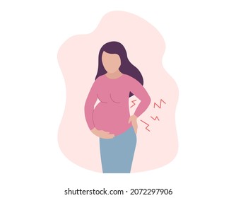 Backache During Pregnancy. Pregnant Woman Suffering From Lower Back Pain. Spinal Discomfort. Vector Concept Illustration.