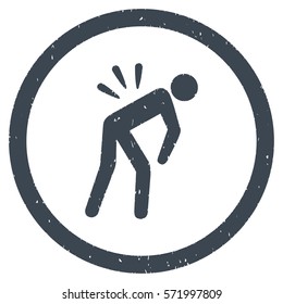 Backache grainy textured icon inside circle for overlay watermark stamps. Flat symbol with scratched texture.