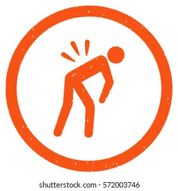 Backache grainy textured icon inside circle for overlay watermark stamps. Flat symbol with unclean texture. Circled dotted vector orange ink rubber seal stamp with grunge design on a white background.
