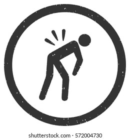 Backache grainy textured icon inside circle for overlay watermark stamps. Flat symbol with scratched texture. Circled dotted vector gray ink rubber seal stamp with grunge design on a white background.